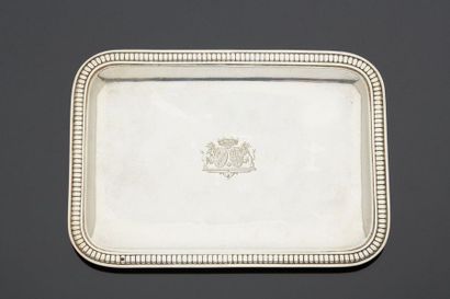 null Small rectangular silver card tray with gadrooned edges and engraved in its...
