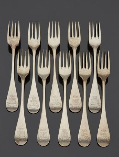null Ten silver forks, single-sided model, the spatula engraved with the coat of...