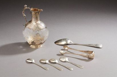 null Set of silver objects including a crystal jug engraved with flowers, silver...
