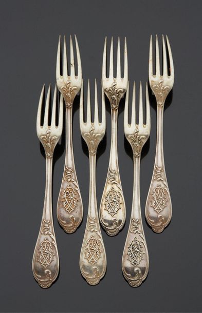 null Seven silver forks, leaf pattern, V.P. numbered on the spatula.

Total weight:...