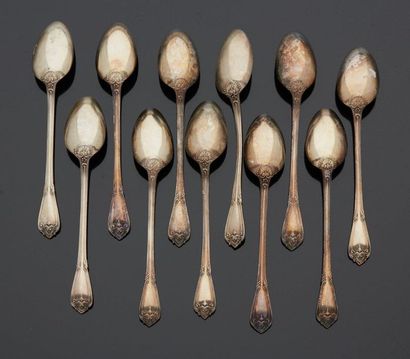 null ALFENIDE

Suite of eleven silver plated metal teaspoons, the spatula decorated...