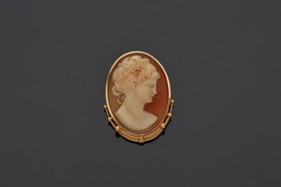 null Shell cameo brooch with the profile of a woman with a necklace, set in 18 k...