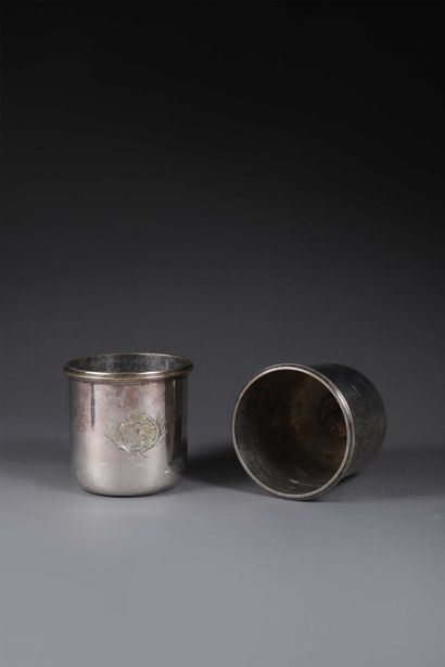 null Pair of small silvered bronze refreshment buckets, the moulded edges engraved...
