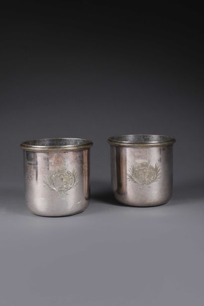 null Pair of small silvered bronze refreshment buckets, the moulded edges engraved...