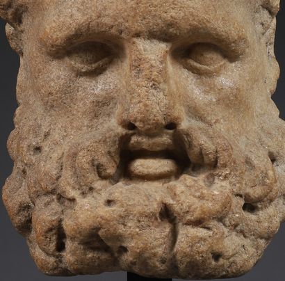 null 
Mask representing the face of Hercules, the forehead girded with a strophion,...