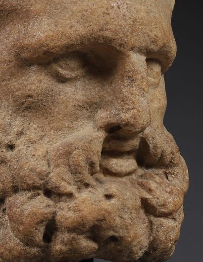 null 
Mask representing the face of Hercules, the forehead girded with a strophion,...