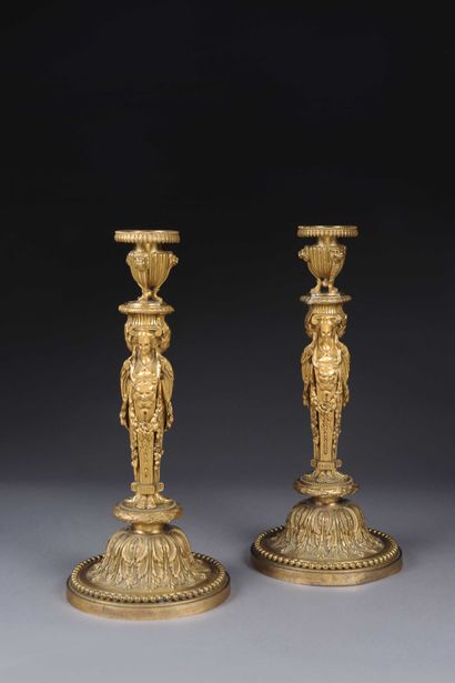 null Pair of important torches after a design by Dugourc in finely chased and gilt...