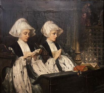 null French school of the end of the 19th century

Ermine nuns praying in a church

Oil...