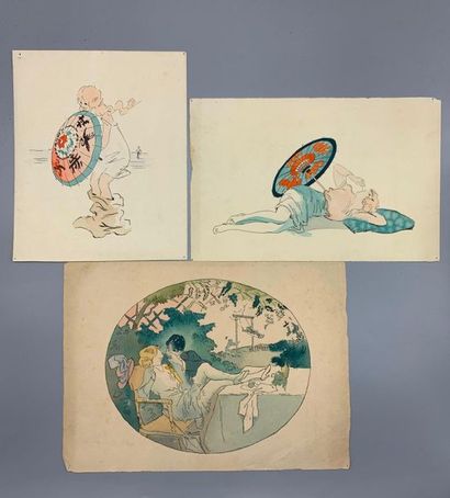 null French school around 1900

Chivalrous scene

Japanese umbrella bathers (x2)

Three...