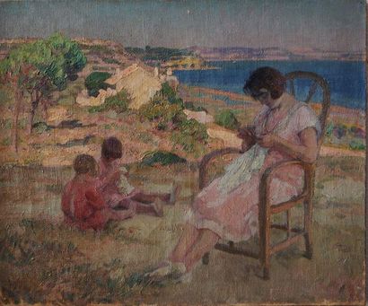 null Early 20th century FRENCH school

Mother sewing with her children at the seaside

Oil...