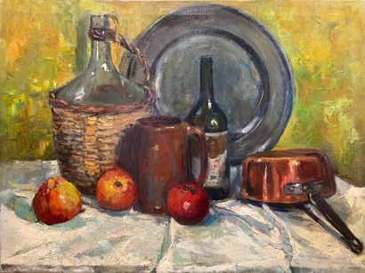 null MODERN School

Still life with bottles, pitcher, coppers and fruits

Oil on...