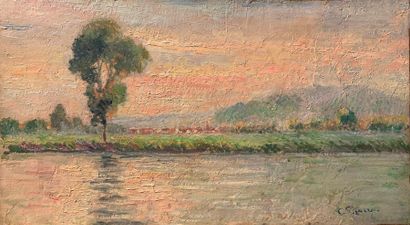 null FRENCH school 

Lake landscape 

Oil on canvas signed lower right with a signature...