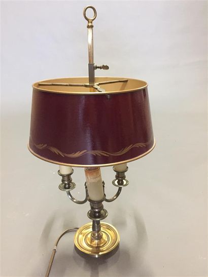 null Electrified gilded metal hot-water bottle lamp with three light arms, burgundy...