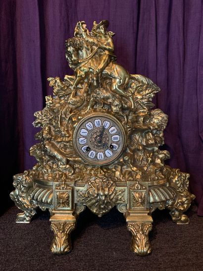 null Gilded bronze clock with relief decoration of a court hunting hunt surrounding...
