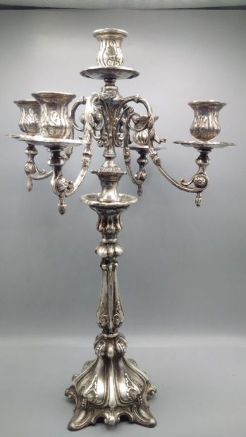 null Pair of five-light candelabra in silver-patinated metal, rocaille decoration...