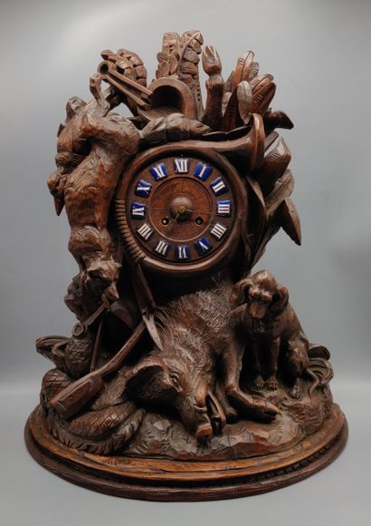 null Large carved wooden clock representing on the theme of hunting, a boar, a fox,...