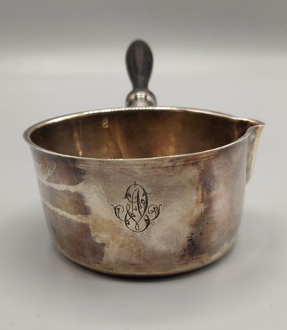 null Silver pan with spout engraved with the number A.V., blackened turned wooden...