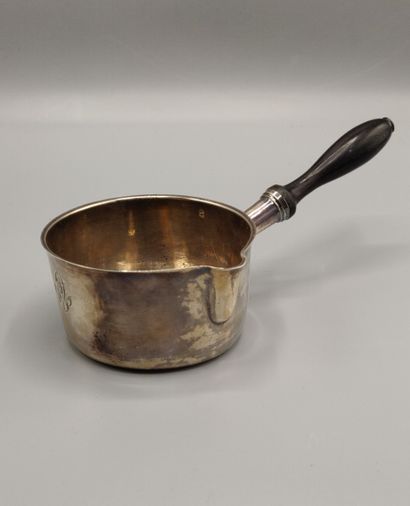 null Silver pan with spout engraved with the number A.V., blackened turned wooden...