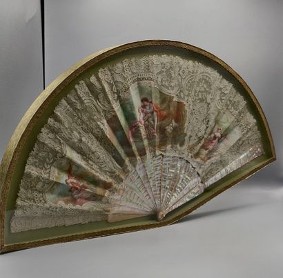 null Mother-of-pearl and lace fan decorated with a gouache representing a gallant...
