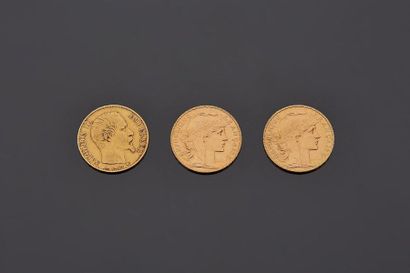 null Trois pièces de 20 francs or

- 1 du 2nd Empire tête nue

- 2 de type Maria...