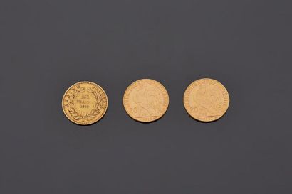 null Trois pièces de 20 francs or

- 1 du 2nd Empire tête nue

- 2 de type Maria...