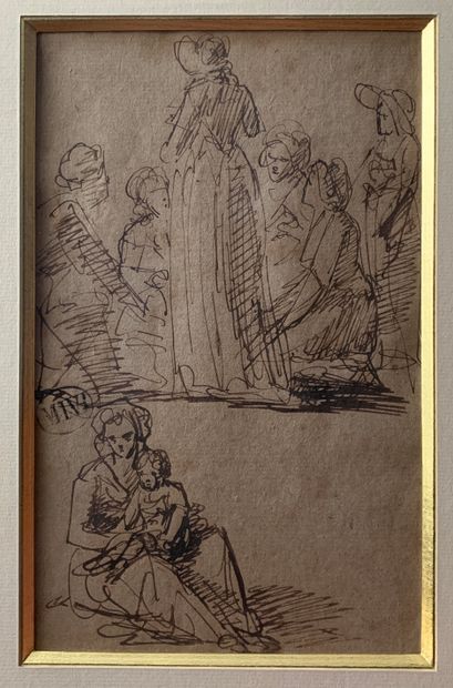  Ecole française du XIXe siècle 
Femme assise avec enfants, étude 
Encre sur papier...