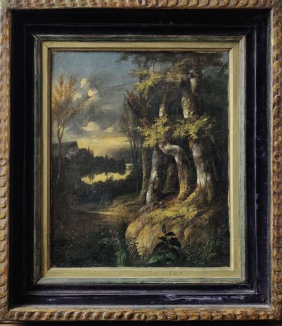 Ecole FRANCAISE du XIXe siècle 
Paysage au crépuscule romantique 
Huile sur toile...