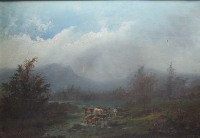 null Ecole de la fin du XIXe siècle 

Les vaches dans l'étang

Huile sur toile portant...