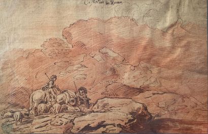  Ecole Italienne du XVIIIe siècle 
Bergers sur une falaise. 
Sanguine et encre portant...