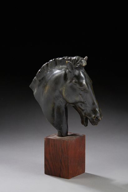 null Sculpture en bronze à patine verte représentant une tête de cheval d'après l'Antique.

XXe...
