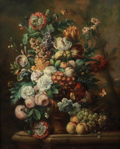 null Ecole FRANCAISE du XIXe siècle

Vase de fleurs sur un entablement, fruits, papillons,...