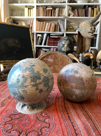 null Two metal lunar globes with printed and inscribed decoration of the lunar surface....