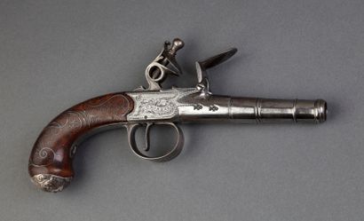 null English flintlock box pistol, from a pair. 

Round barrel with forced bullet,...