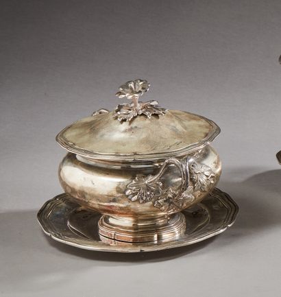 null Covered pot and saucer in silver, decorated with fillets and contours, handles...