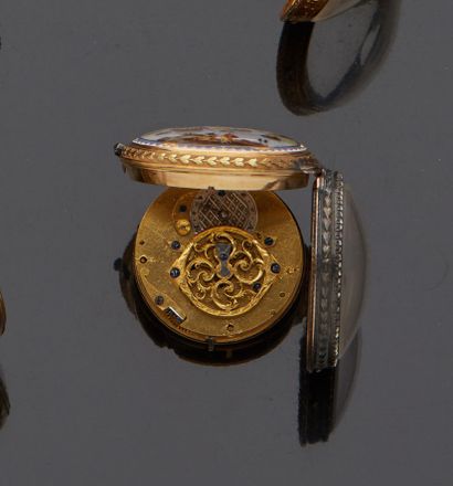 null Montre à coq en or jaune 18 k (750 millièmes) et argent, lunette ornée d'une...