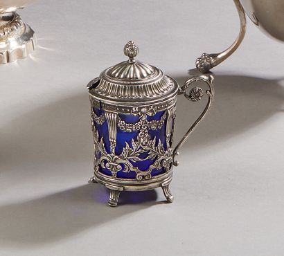 null Silver mustard pot with openwork decoration of flowered garlands, flutes and...