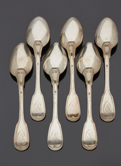 null Set of twelve large silver spoons, net model, spatula engraved with a monogram...