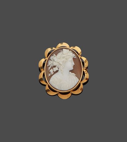 Brooch cameo shell in yellow gold 18 k (750 thousandths) representing a profile...