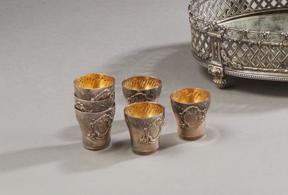 null Set of six silver liqueur glasses with rocaille decoration and a cartouche engraved...