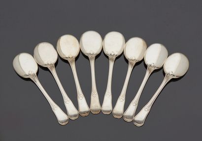 null PUIFORCAT. Eight silver ice-cream scoops decorated with a net and foliage.

Minerve...