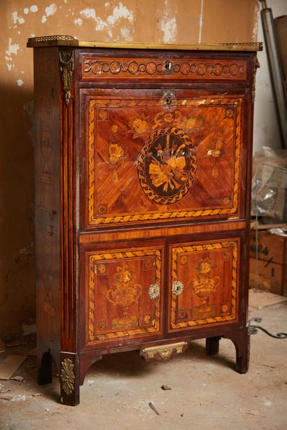 null Straight secretary in marquetry decorated with medallions of musical instruments,...
