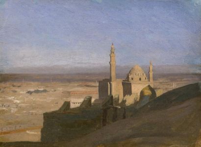 Jean-Léon GÉROME (1824-1904) Vue du Caire Huile sur toile. 22,8 x 30,8 cm La vue...
