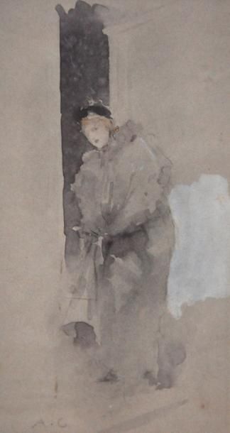 Antoine CALBET(1860-1944) Jeune femme Lavis d'encre et aquarelle, monogrammé en bas...