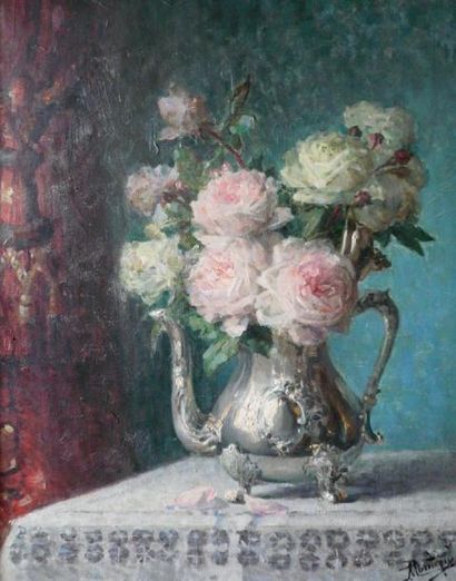 Pierre-Eugène MONTEZIN (1874-1946) Bouquet de roses dans une théière Huile sur toile...
