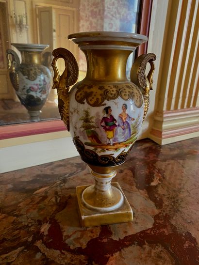 null White porcelain vase with polychrome and gilt decoration of a gallant couple...