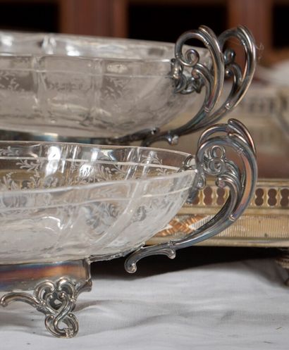 null Pair of cut crystal cups decorated with foliage, silver mount decorated with...