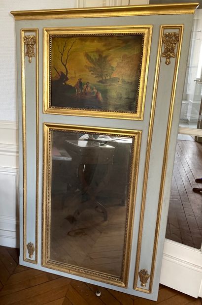 null Trumeau en bois laqué et doré à décor d'une scène animée 

Style Louis XVI

153.5...