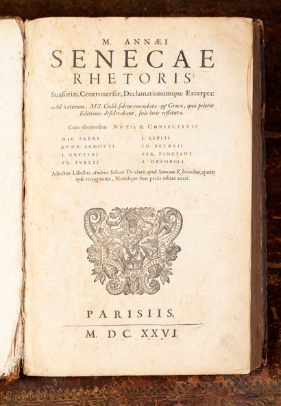 null Un volume Sénèque, Paris 1626, Rhétorique, les plats et dos à semis de fleurs...