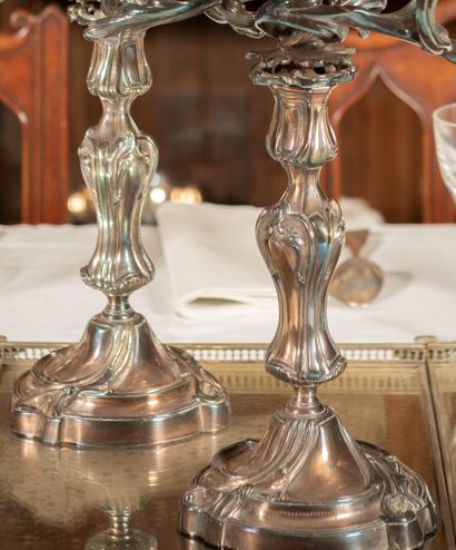 null 
Pair of candelabras in silver plated bronze with four arms of light, each candelabra...