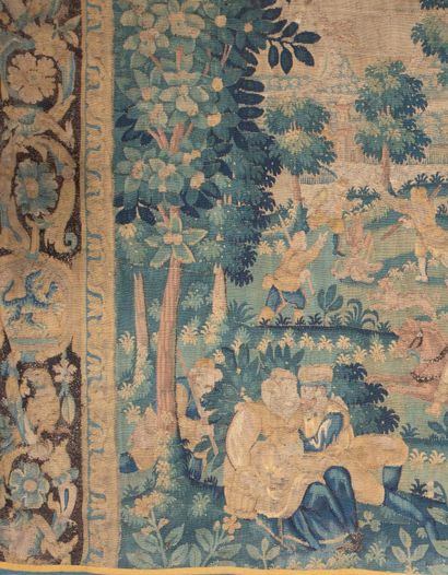 null 
Tapestry depicting gallant scenes in a wooded park, flowery borders (missing...